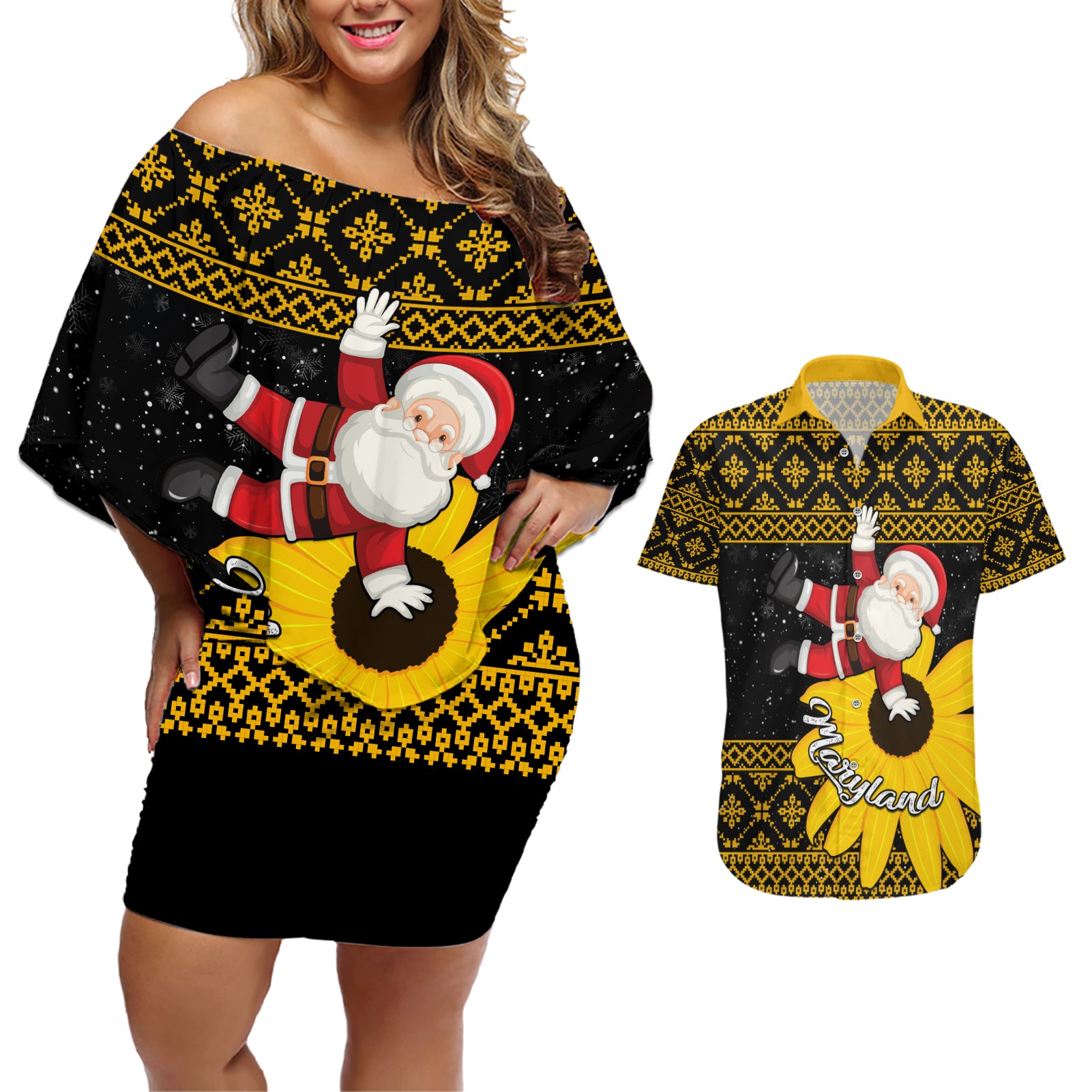 Maryland Christmas Couples Matching Off Shoulder Short Dress and Hawaiian Shirt Santa Claus With Black Eyed Susan Flower - Wonder Print Shop