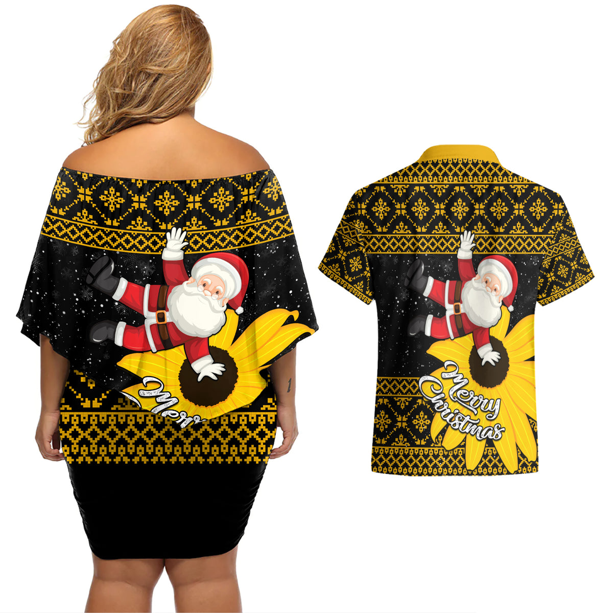 Maryland Christmas Couples Matching Off Shoulder Short Dress and Hawaiian Shirt Santa Claus With Black Eyed Susan Flower - Wonder Print Shop