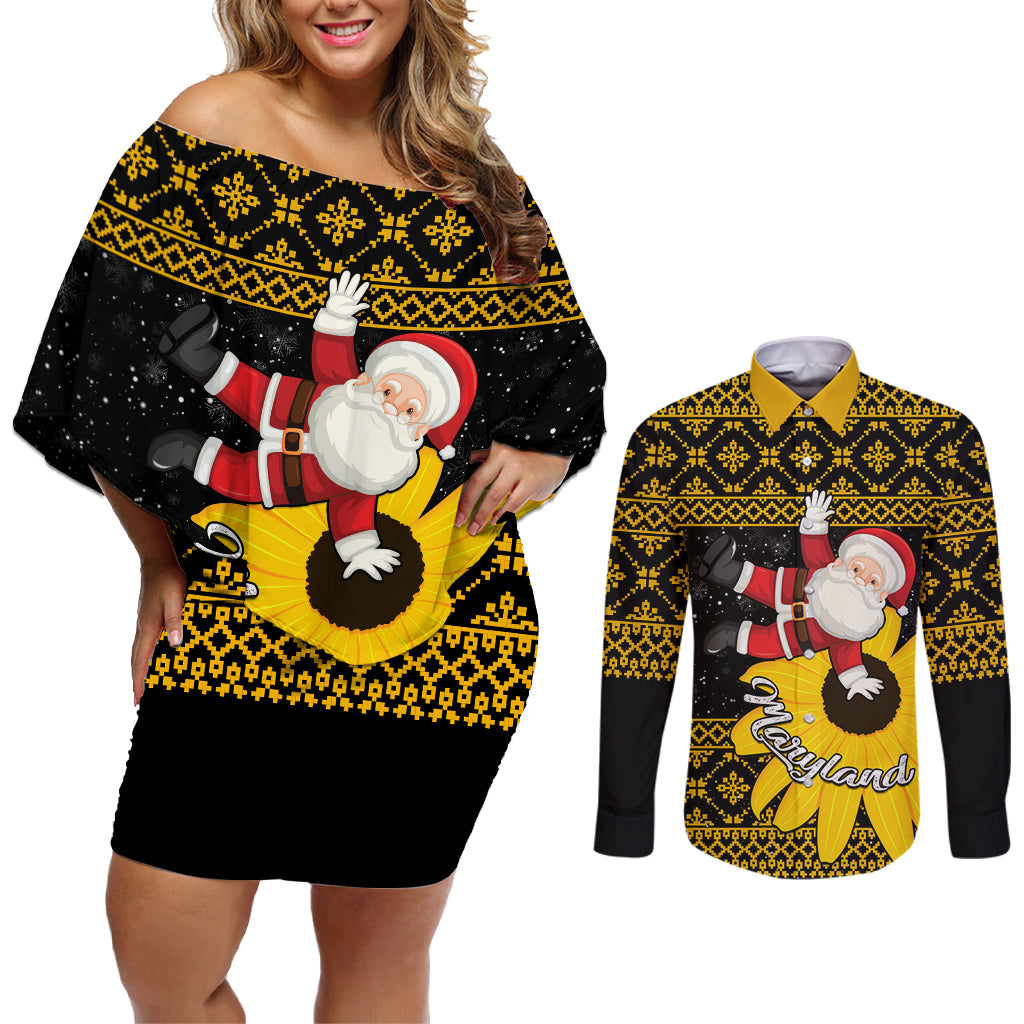 Maryland Christmas Couples Matching Off Shoulder Short Dress and Long Sleeve Button Shirt Santa Claus With Black Eyed Susan Flower - Wonder Print Shop