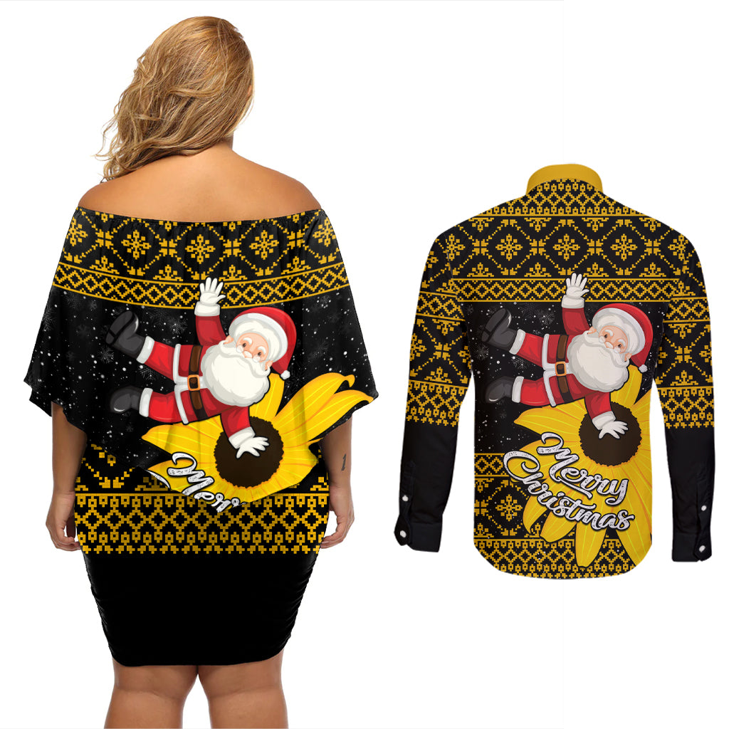 Maryland Christmas Couples Matching Off Shoulder Short Dress and Long Sleeve Button Shirt Santa Claus With Black Eyed Susan Flower - Wonder Print Shop