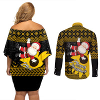 Maryland Christmas Couples Matching Off Shoulder Short Dress and Long Sleeve Button Shirt Santa Claus With Black Eyed Susan Flower - Wonder Print Shop