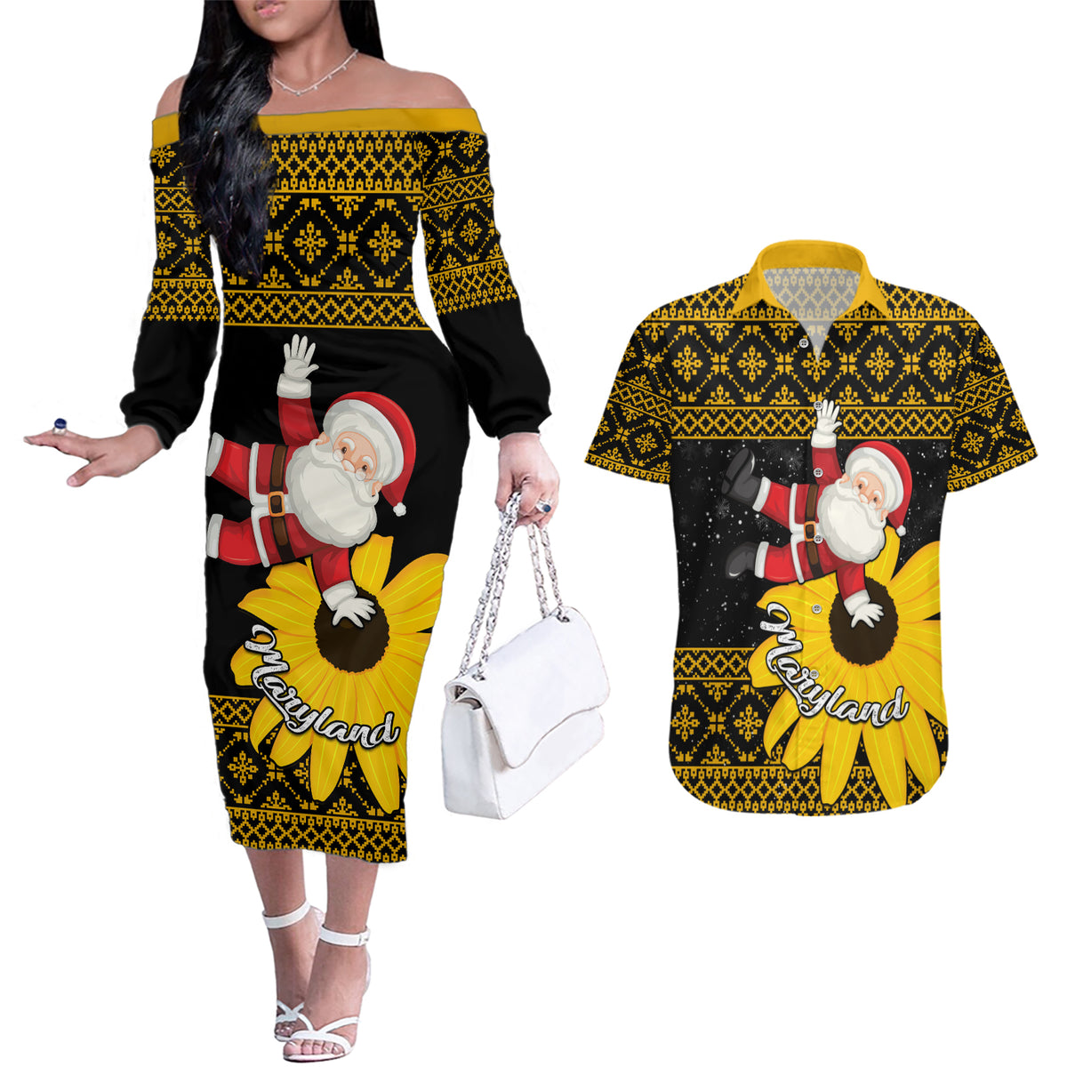 Maryland Christmas Couples Matching Off The Shoulder Long Sleeve Dress and Hawaiian Shirt Santa Claus With Black Eyed Susan Flower - Wonder Print Shop