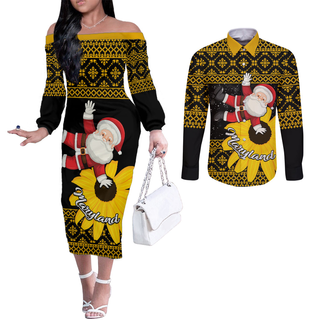maryland-christmas-couples-matching-off-the-shoulder-long-sleeve-dress-and-long-sleeve-button-shirt-santa-claus-with-black-eyed-susan-flower