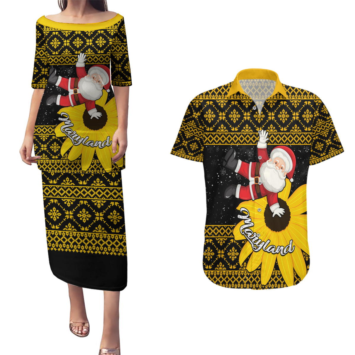 Maryland Christmas Couples Matching Puletasi Dress and Hawaiian Shirt Santa Claus With Black Eyed Susan Flower - Wonder Print Shop