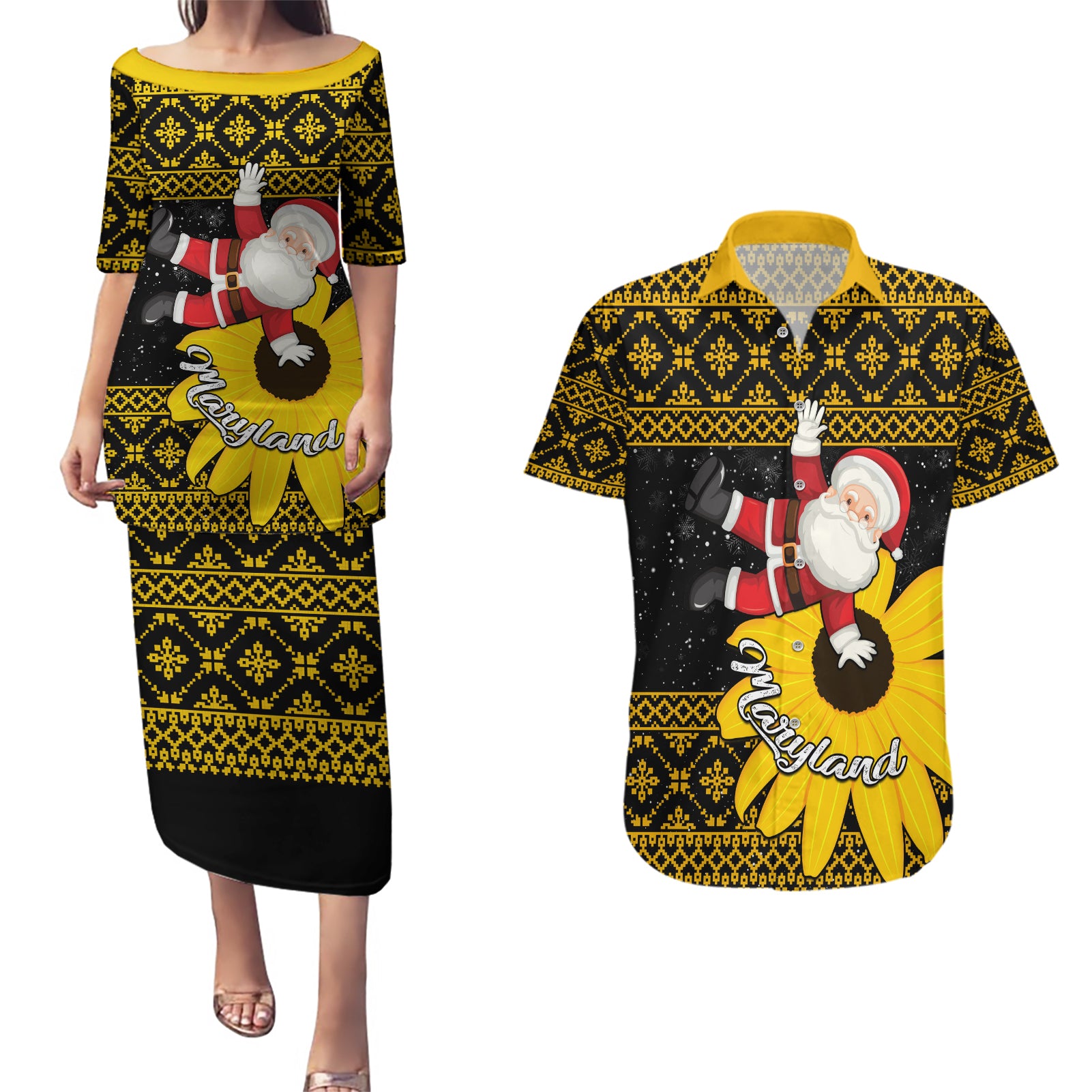 Maryland Christmas Couples Matching Puletasi Dress and Hawaiian Shirt Santa Claus With Black Eyed Susan Flower - Wonder Print Shop