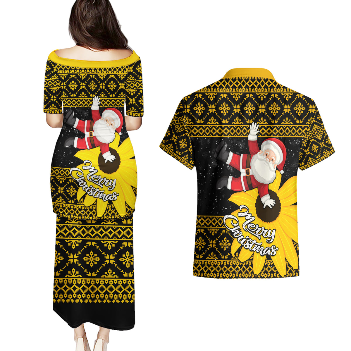 Maryland Christmas Couples Matching Puletasi Dress and Hawaiian Shirt Santa Claus With Black Eyed Susan Flower - Wonder Print Shop
