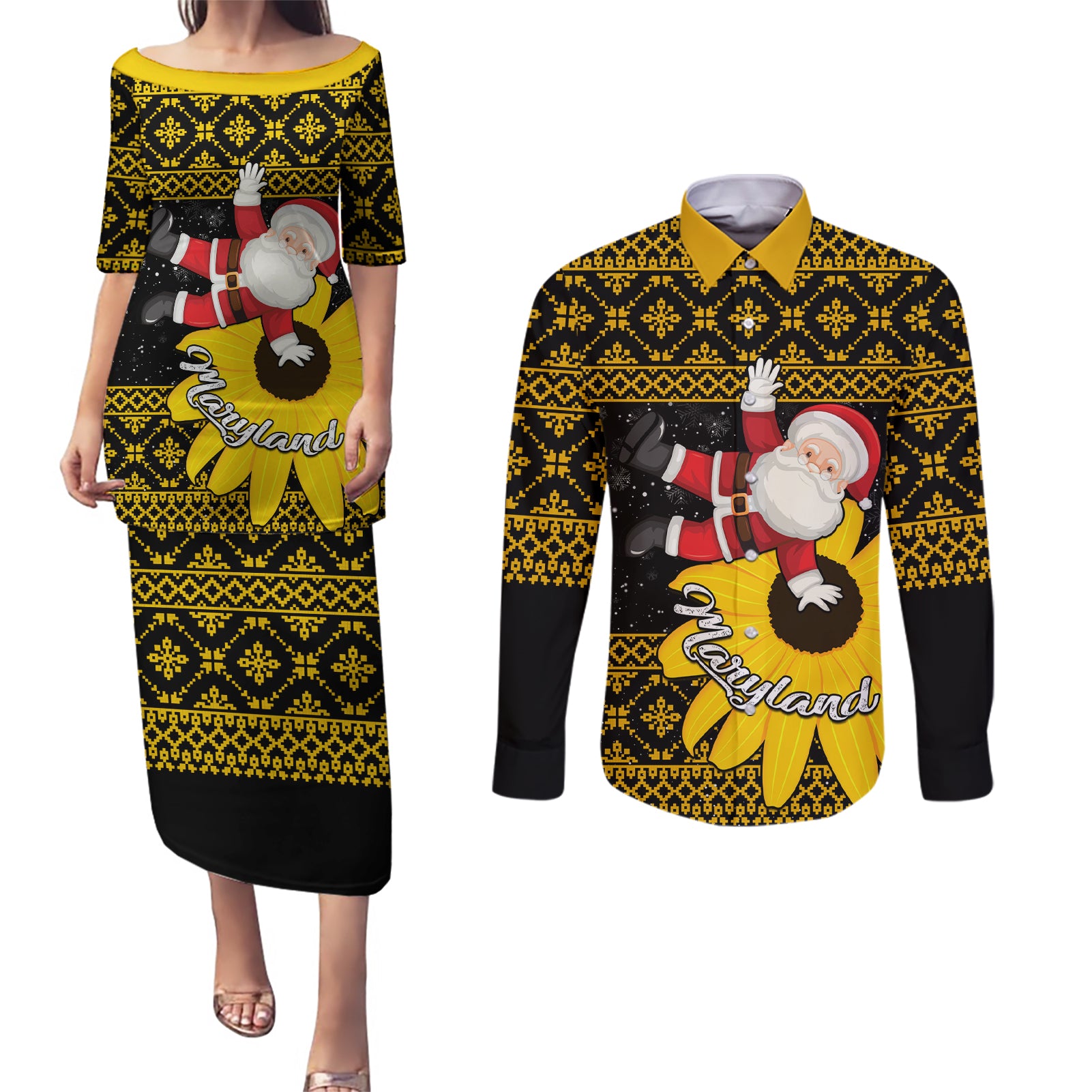 Maryland Christmas Couples Matching Puletasi Dress and Long Sleeve Button Shirt Santa Claus With Black Eyed Susan Flower - Wonder Print Shop