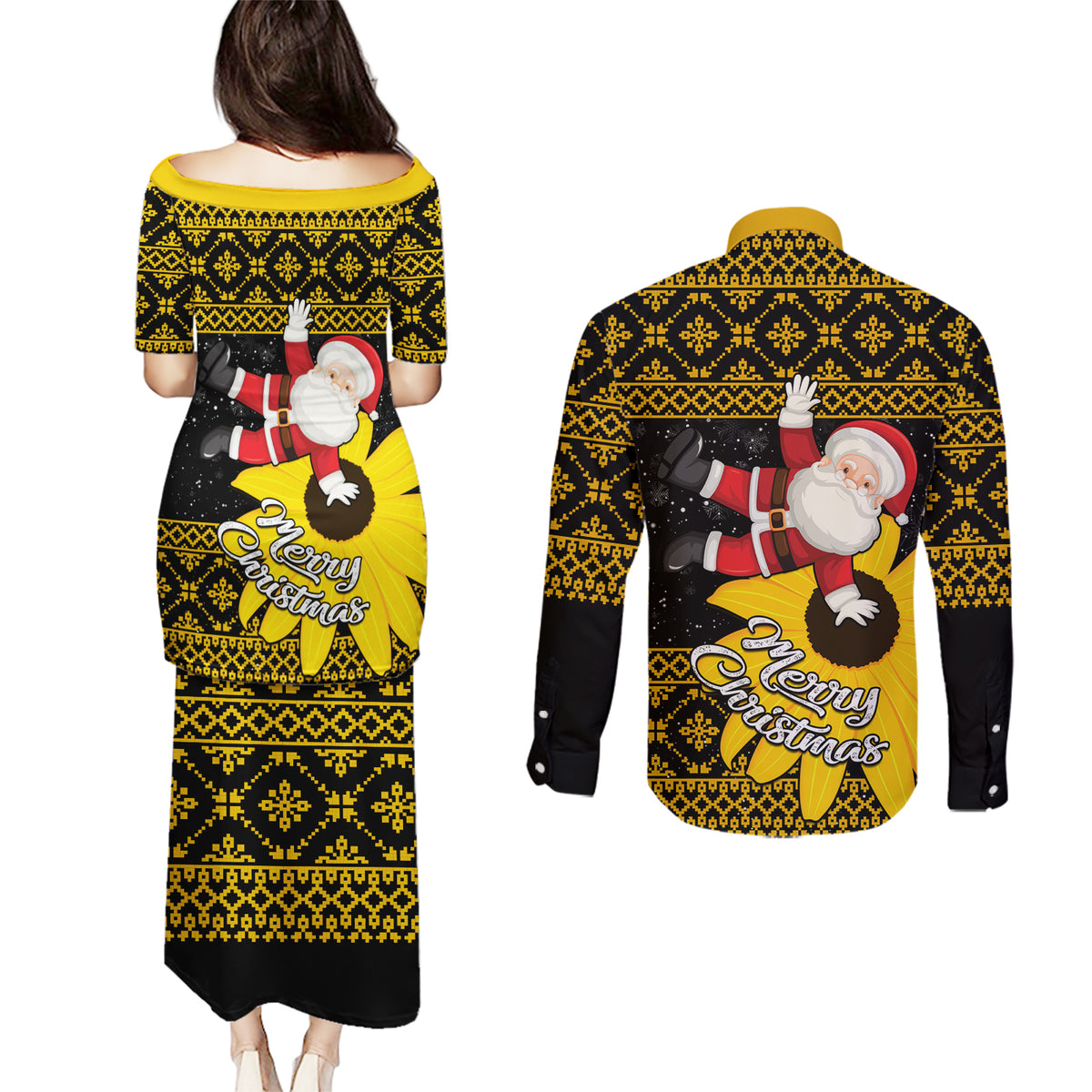 Maryland Christmas Couples Matching Puletasi Dress and Long Sleeve Button Shirt Santa Claus With Black Eyed Susan Flower - Wonder Print Shop