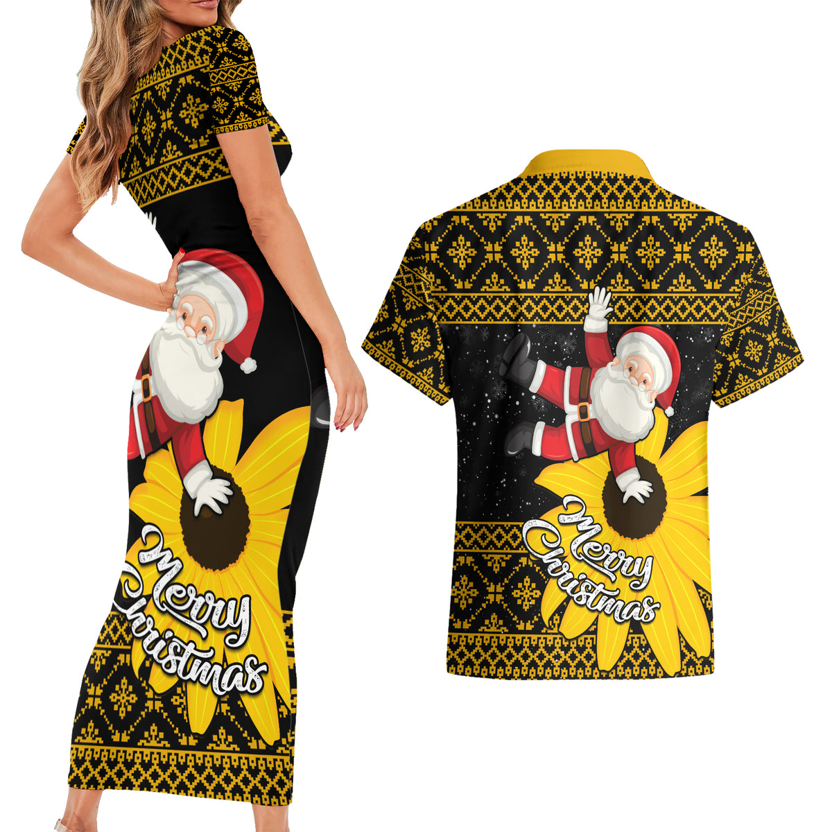Maryland Christmas Couples Matching Short Sleeve Bodycon Dress and Hawaiian Shirt Santa Claus With Black Eyed Susan Flower - Wonder Print Shop