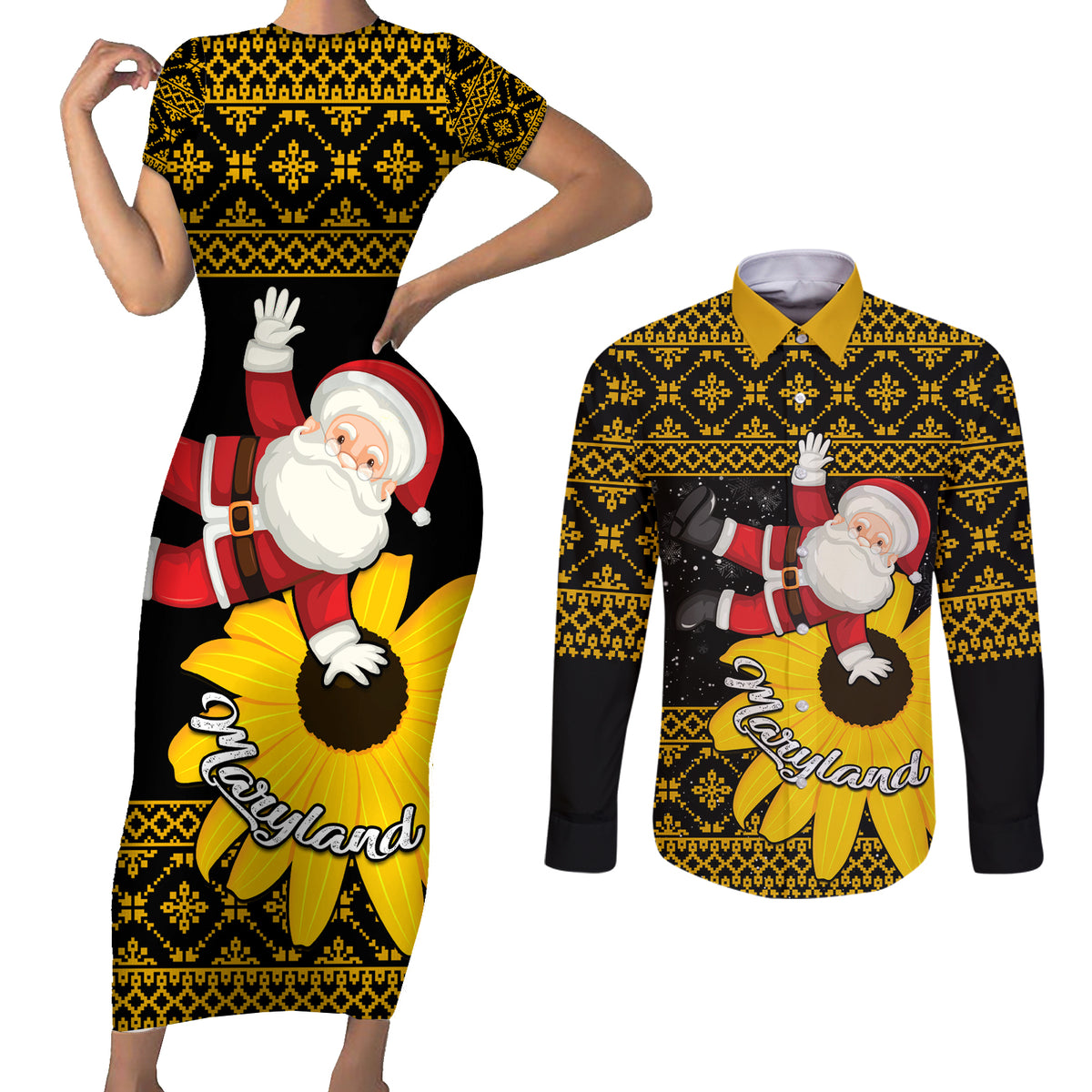 Maryland Christmas Couples Matching Short Sleeve Bodycon Dress and Long Sleeve Button Shirt Santa Claus With Black Eyed Susan Flower - Wonder Print Shop