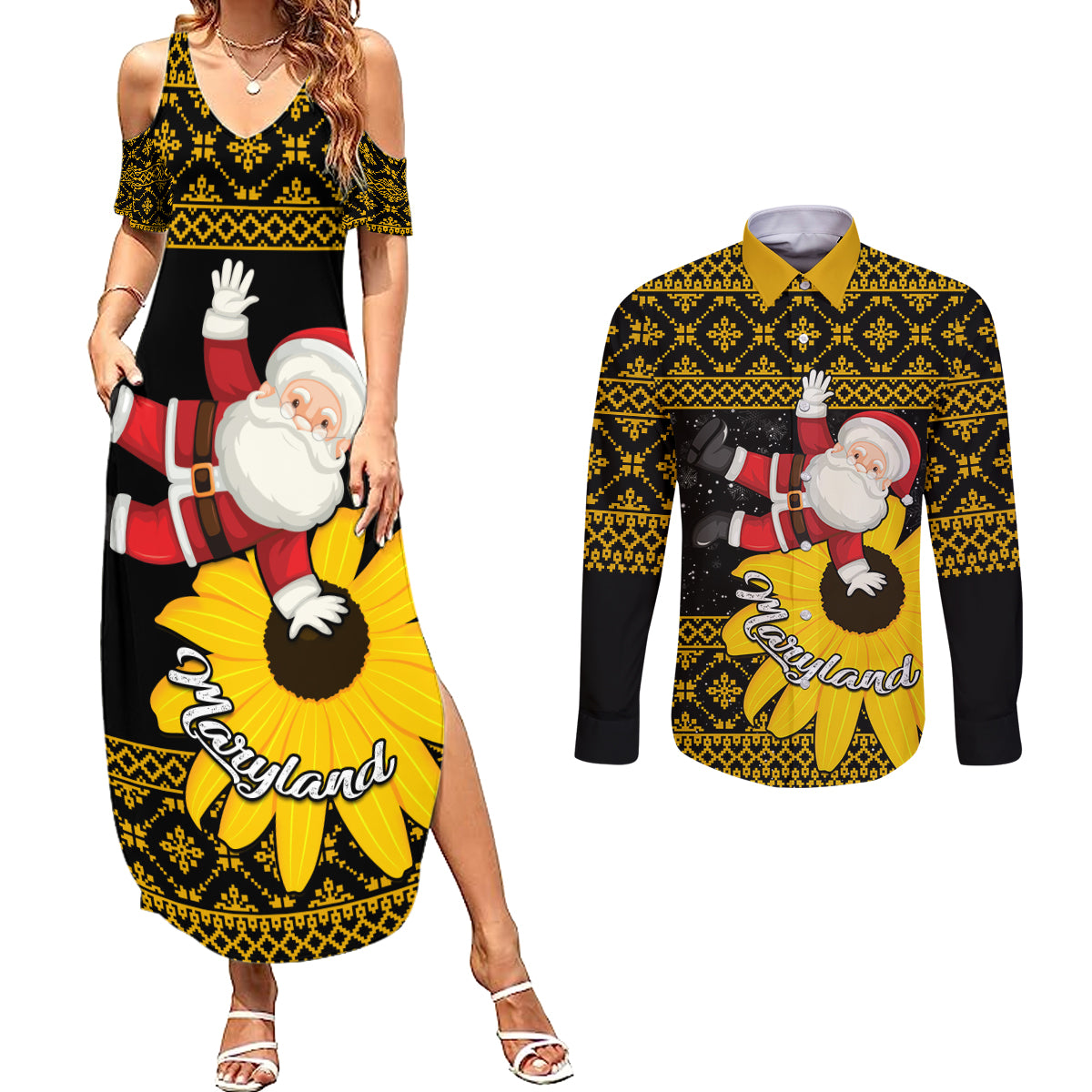 Maryland Christmas Couples Matching Summer Maxi Dress and Long Sleeve Button Shirt Santa Claus With Black Eyed Susan Flower - Wonder Print Shop