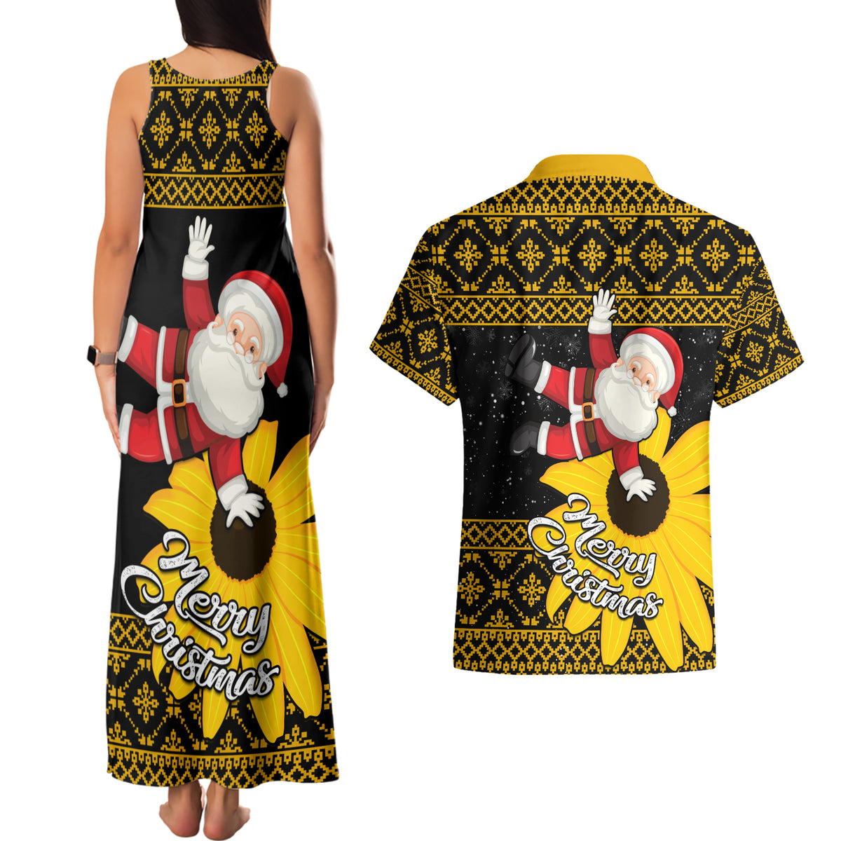 Maryland Christmas Couples Matching Tank Maxi Dress and Hawaiian Shirt Santa Claus With Black Eyed Susan Flower - Wonder Print Shop