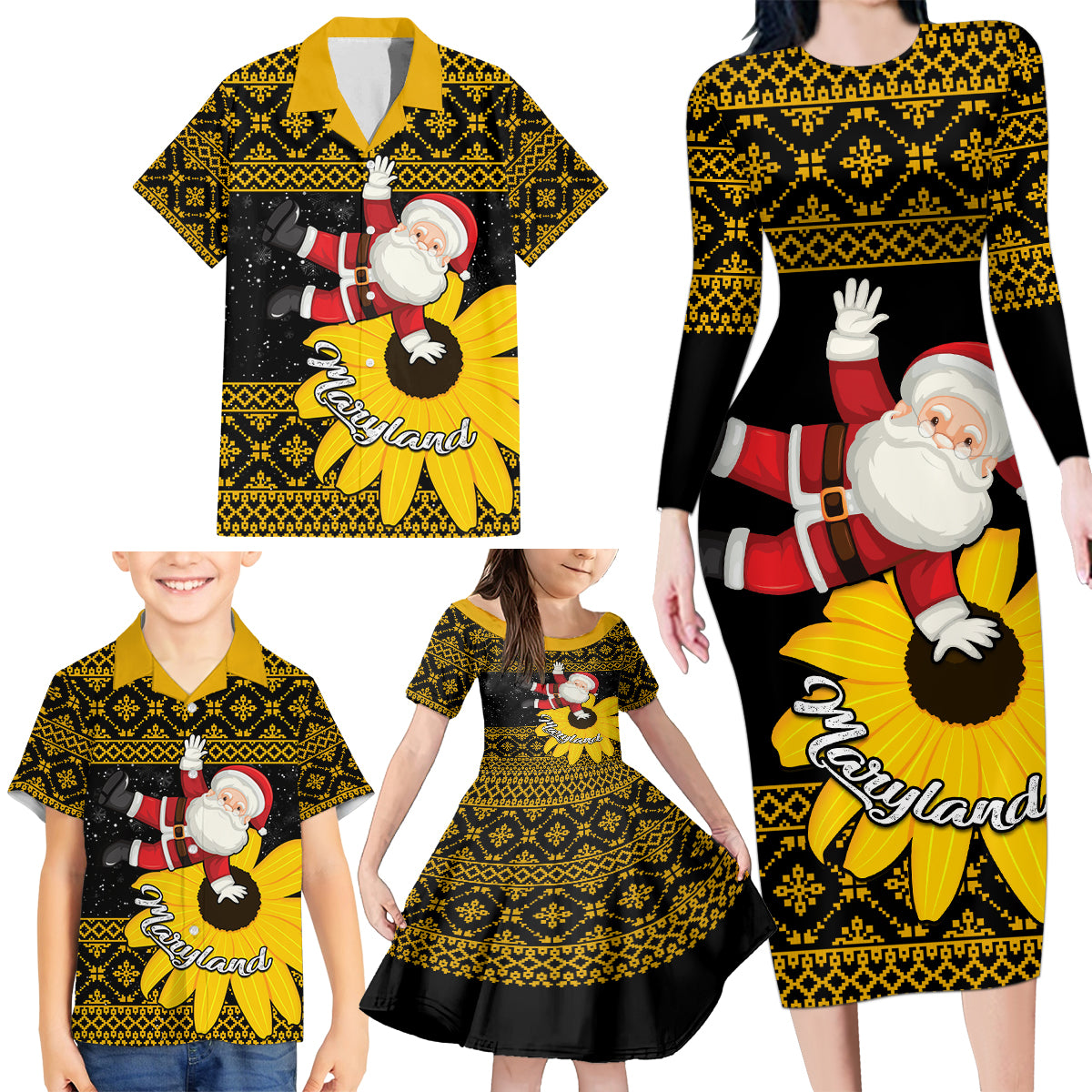 Maryland Christmas Family Matching Long Sleeve Bodycon Dress and Hawaiian Shirt Santa Claus With Black Eyed Susan Flower - Wonder Print Shop