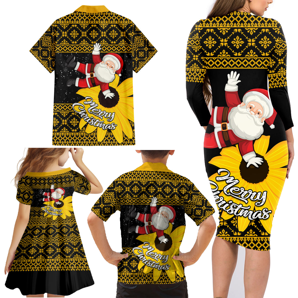 Maryland Christmas Family Matching Long Sleeve Bodycon Dress and Hawaiian Shirt Santa Claus With Black Eyed Susan Flower - Wonder Print Shop