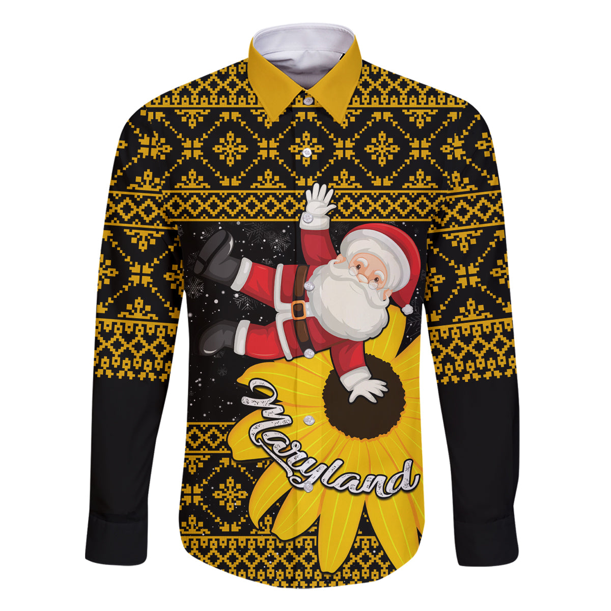 Maryland Christmas Family Matching Long Sleeve Bodycon Dress and Hawaiian Shirt Santa Claus With Black Eyed Susan Flower - Wonder Print Shop