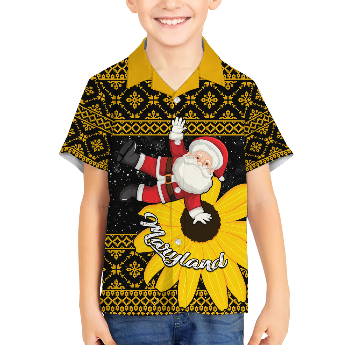 Maryland Christmas Family Matching Long Sleeve Bodycon Dress and Hawaiian Shirt Santa Claus With Black Eyed Susan Flower - Wonder Print Shop