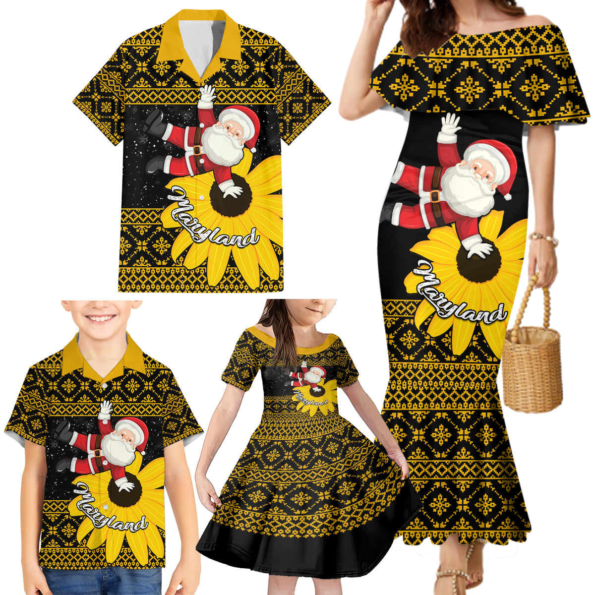 Maryland Christmas Family Matching Mermaid Dress and Hawaiian Shirt Santa Claus With Black Eyed Susan Flower - Wonder Print Shop