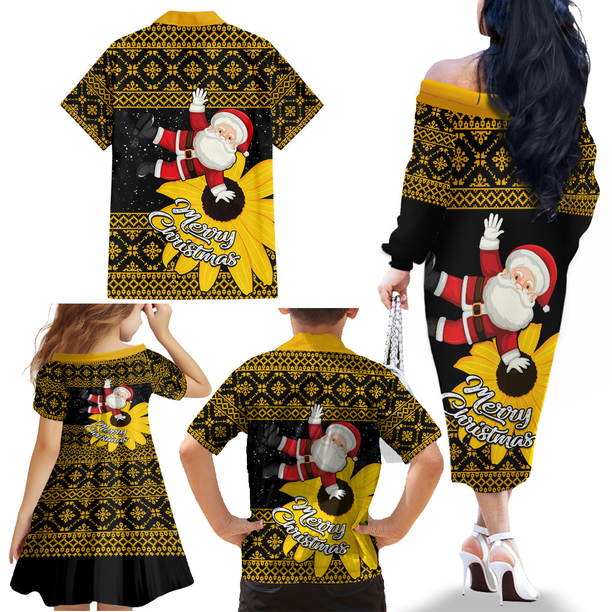Maryland Christmas Family Matching Off Shoulder Long Sleeve Dress and Hawaiian Shirt Santa Claus With Black Eyed Susan Flower - Wonder Print Shop