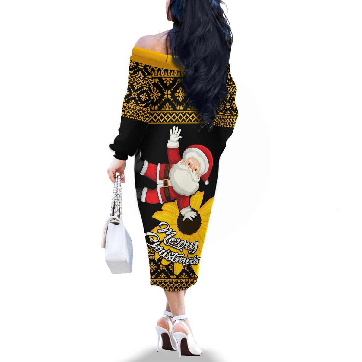 Maryland Christmas Family Matching Off Shoulder Long Sleeve Dress and Hawaiian Shirt Santa Claus With Black Eyed Susan Flower - Wonder Print Shop