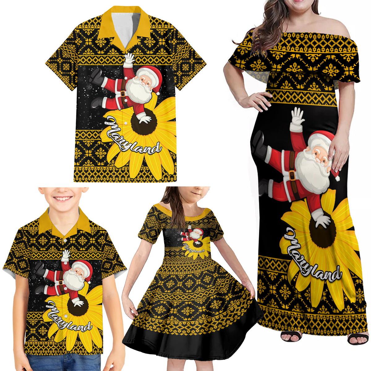 Maryland Christmas Family Matching Off Shoulder Maxi Dress and Hawaiian Shirt Santa Claus With Black Eyed Susan Flower - Wonder Print Shop