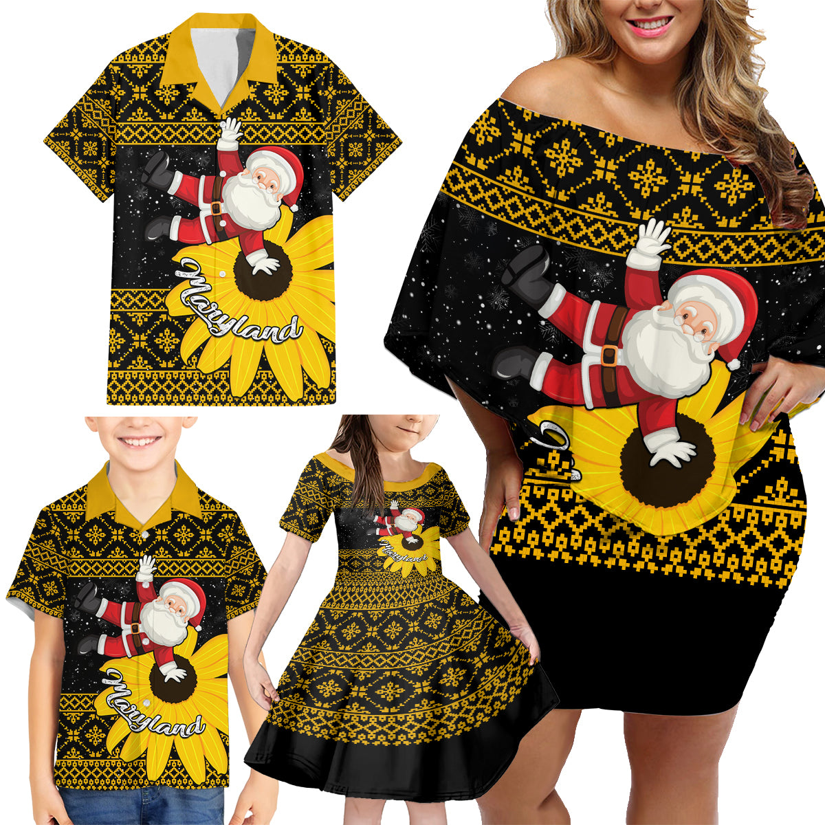 Maryland Christmas Family Matching Off Shoulder Short Dress and Hawaiian Shirt Santa Claus With Black Eyed Susan Flower - Wonder Print Shop