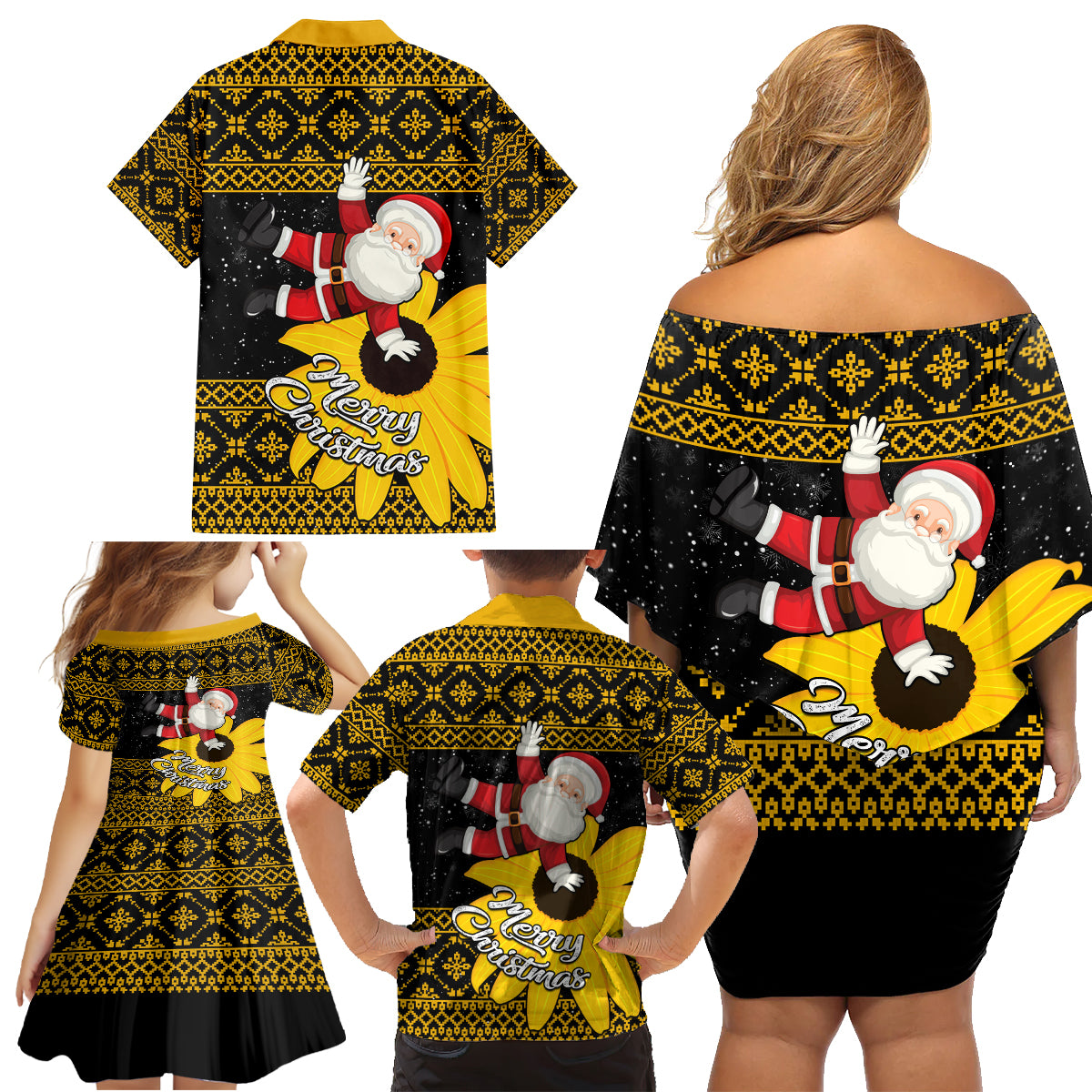 Maryland Christmas Family Matching Off Shoulder Short Dress and Hawaiian Shirt Santa Claus With Black Eyed Susan Flower - Wonder Print Shop