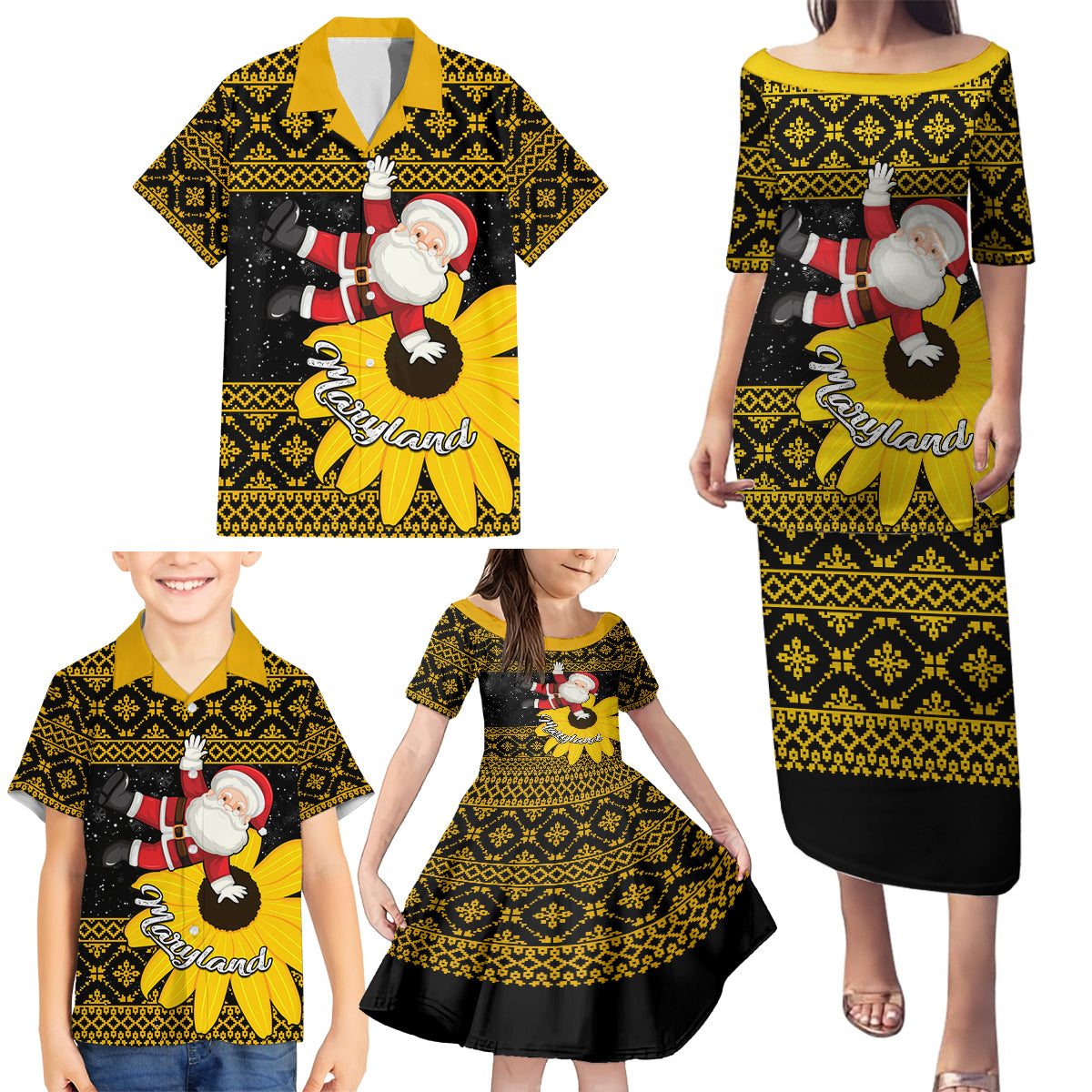 Maryland Christmas Family Matching Puletasi Dress and Hawaiian Shirt Santa Claus With Black Eyed Susan Flower - Wonder Print Shop