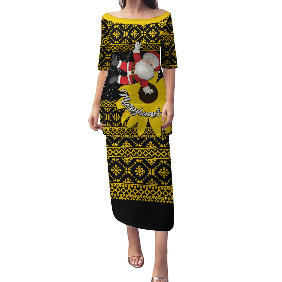 Maryland Christmas Family Matching Puletasi Dress and Hawaiian Shirt Santa Claus With Black Eyed Susan Flower - Wonder Print Shop