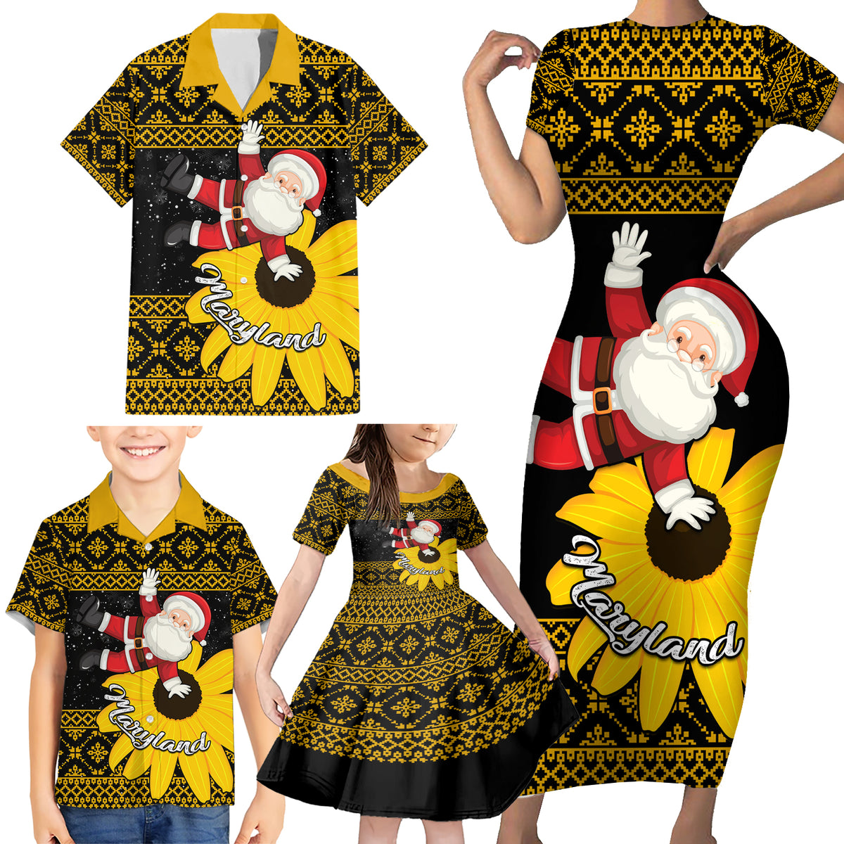 Maryland Christmas Family Matching Short Sleeve Bodycon Dress and Hawaiian Shirt Santa Claus With Black Eyed Susan Flower - Wonder Print Shop