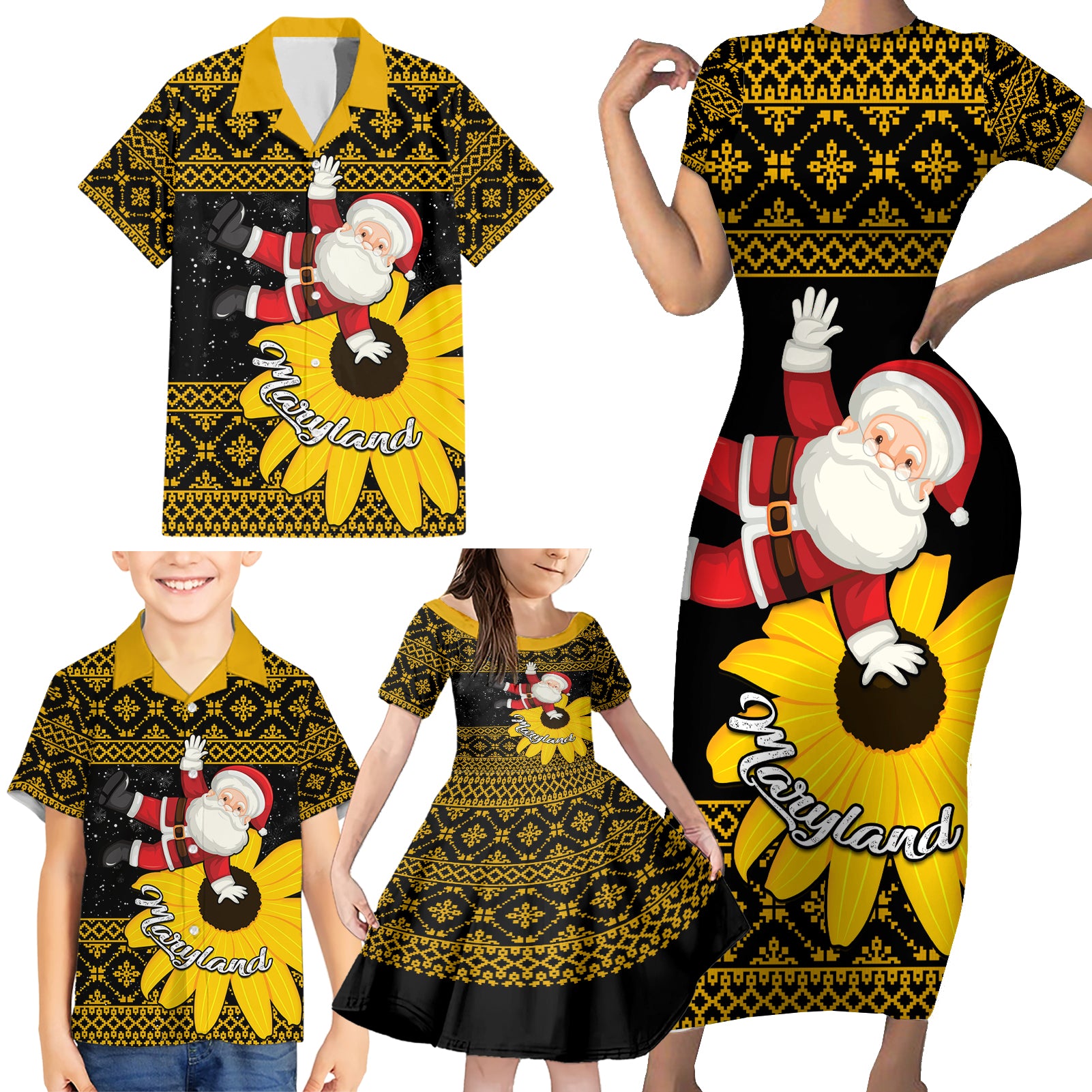 Maryland Christmas Family Matching Short Sleeve Bodycon Dress and Hawaiian Shirt Santa Claus With Black Eyed Susan Flower - Wonder Print Shop