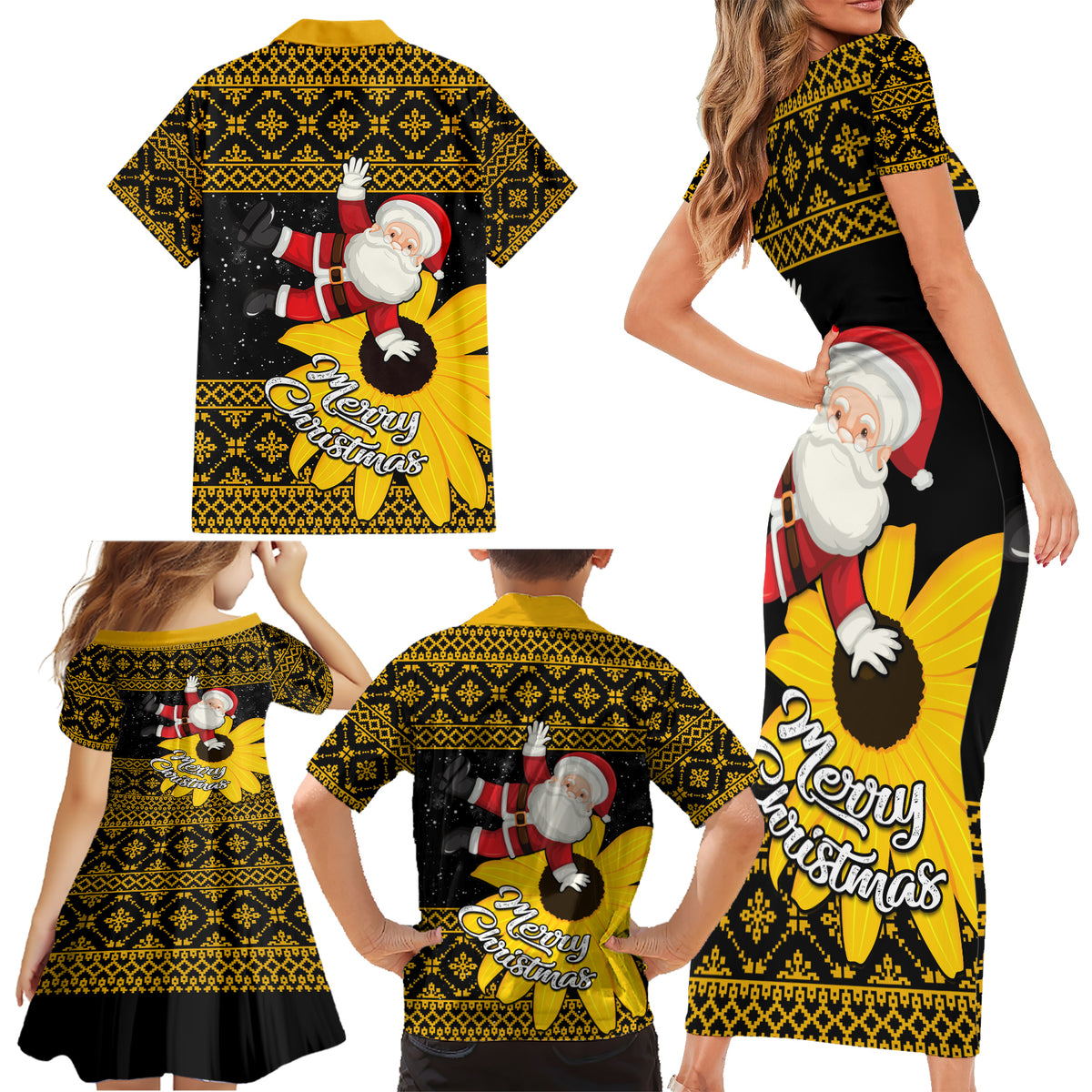 Maryland Christmas Family Matching Short Sleeve Bodycon Dress and Hawaiian Shirt Santa Claus With Black Eyed Susan Flower - Wonder Print Shop