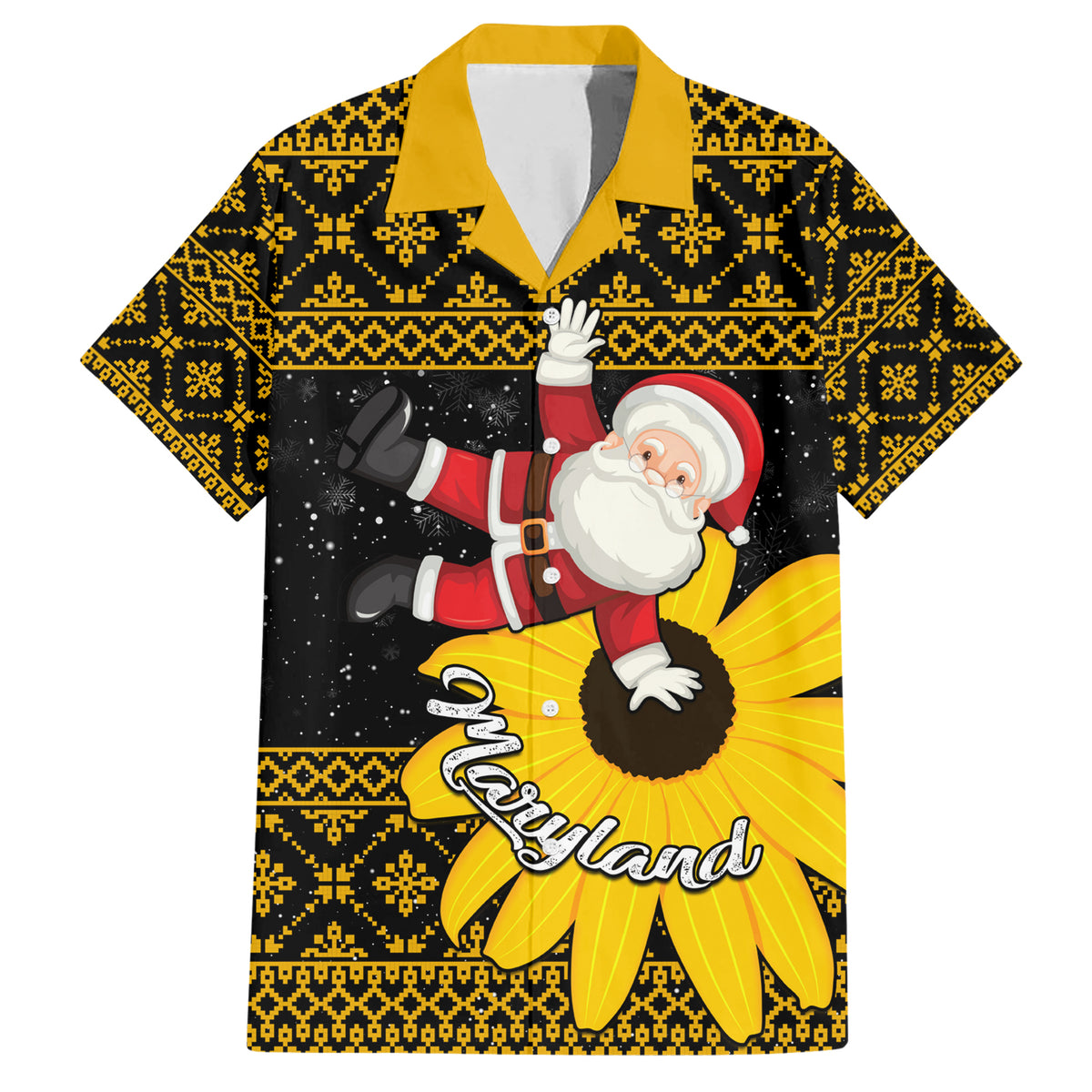 Maryland Christmas Family Matching Short Sleeve Bodycon Dress and Hawaiian Shirt Santa Claus With Black Eyed Susan Flower - Wonder Print Shop