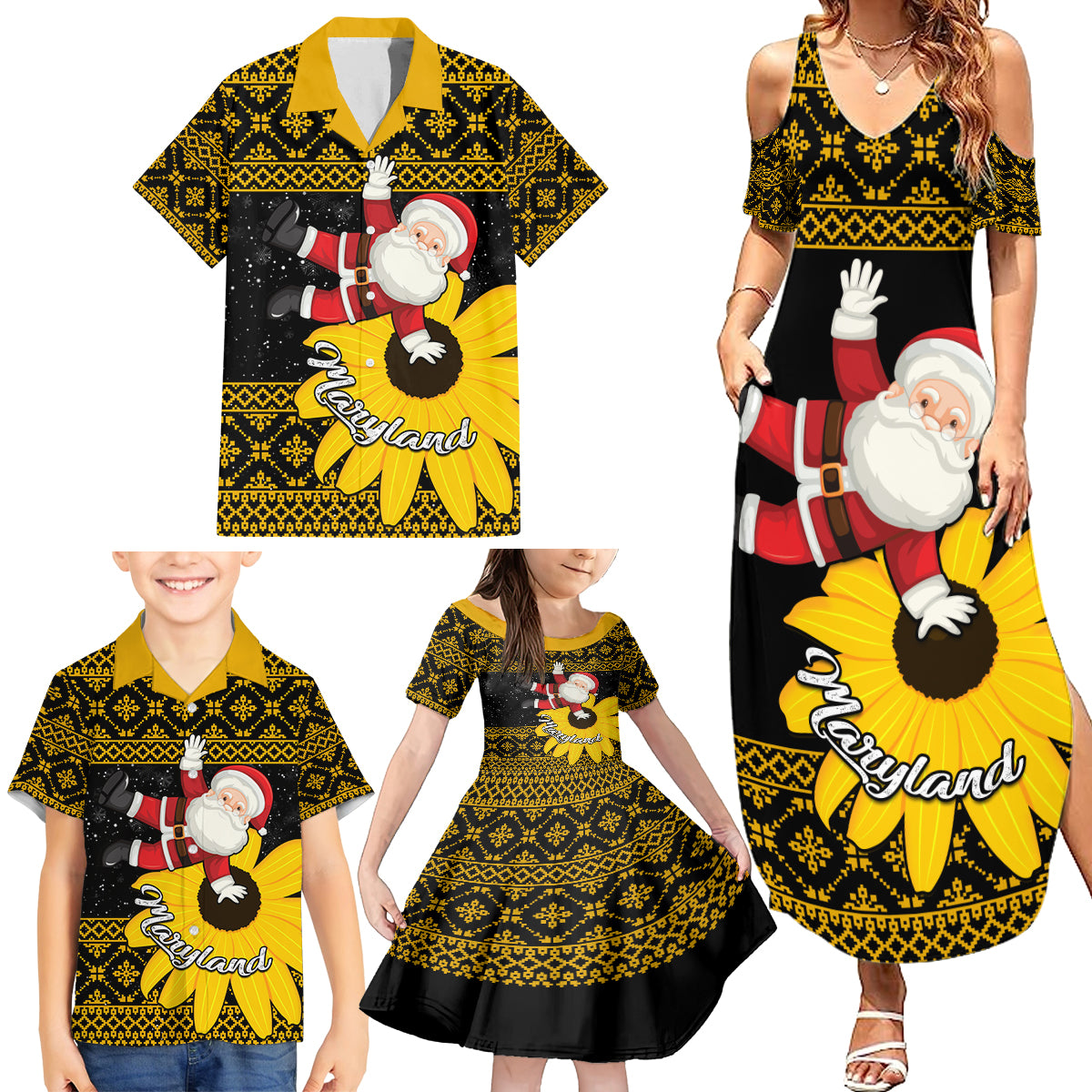 Maryland Christmas Family Matching Summer Maxi Dress and Hawaiian Shirt Santa Claus With Black Eyed Susan Flower - Wonder Print Shop