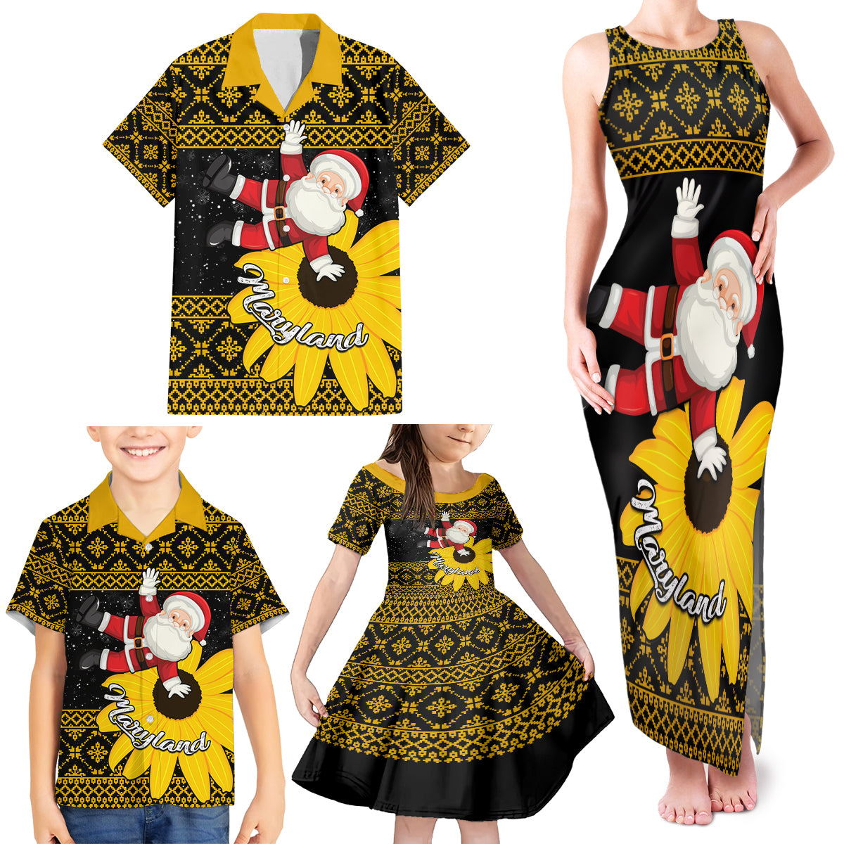 Maryland Christmas Family Matching Tank Maxi Dress and Hawaiian Shirt Santa Claus With Black Eyed Susan Flower - Wonder Print Shop