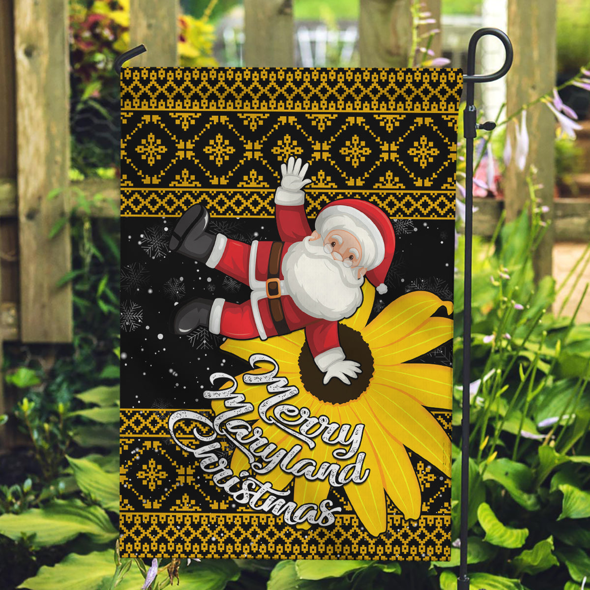 Maryland Christmas Garden Flag Santa Claus With Black Eyed Susan Flower - Wonder Print Shop
