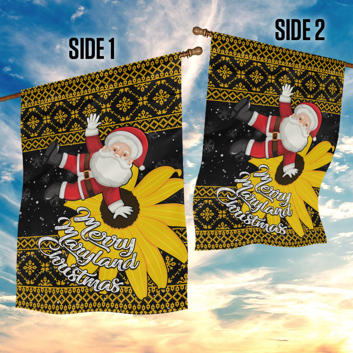 Maryland Christmas Garden Flag Santa Claus With Black Eyed Susan Flower - Wonder Print Shop