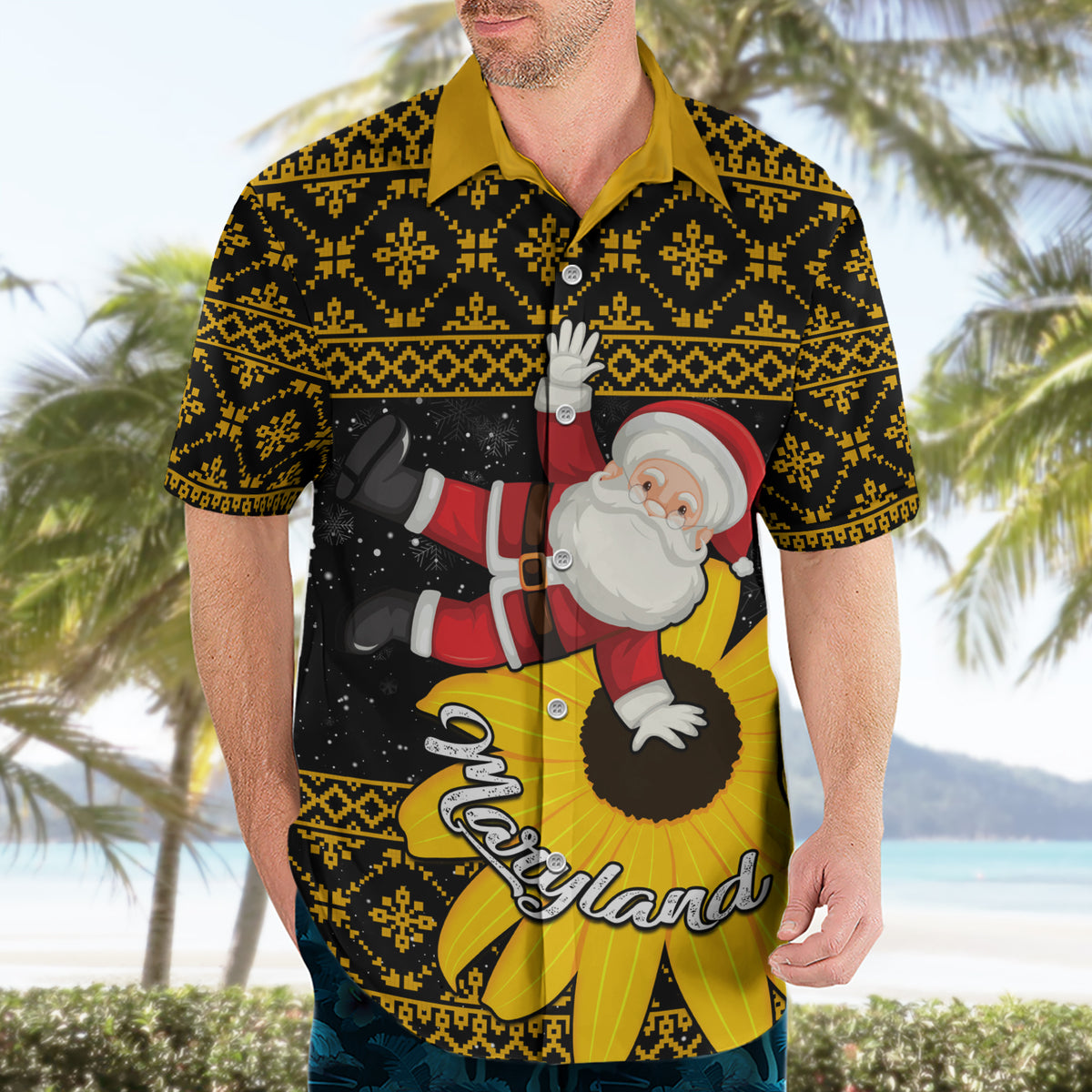 Maryland Christmas Hawaiian Shirt Santa Claus With Black Eyed Susan Flower - Wonder Print Shop