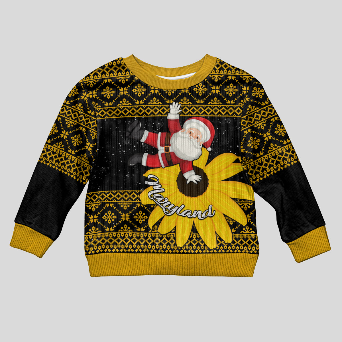 Maryland Christmas Kid Ugly Christmas Sweater Santa Claus With Black Eyed Susan Flower - Wonder Print Shop