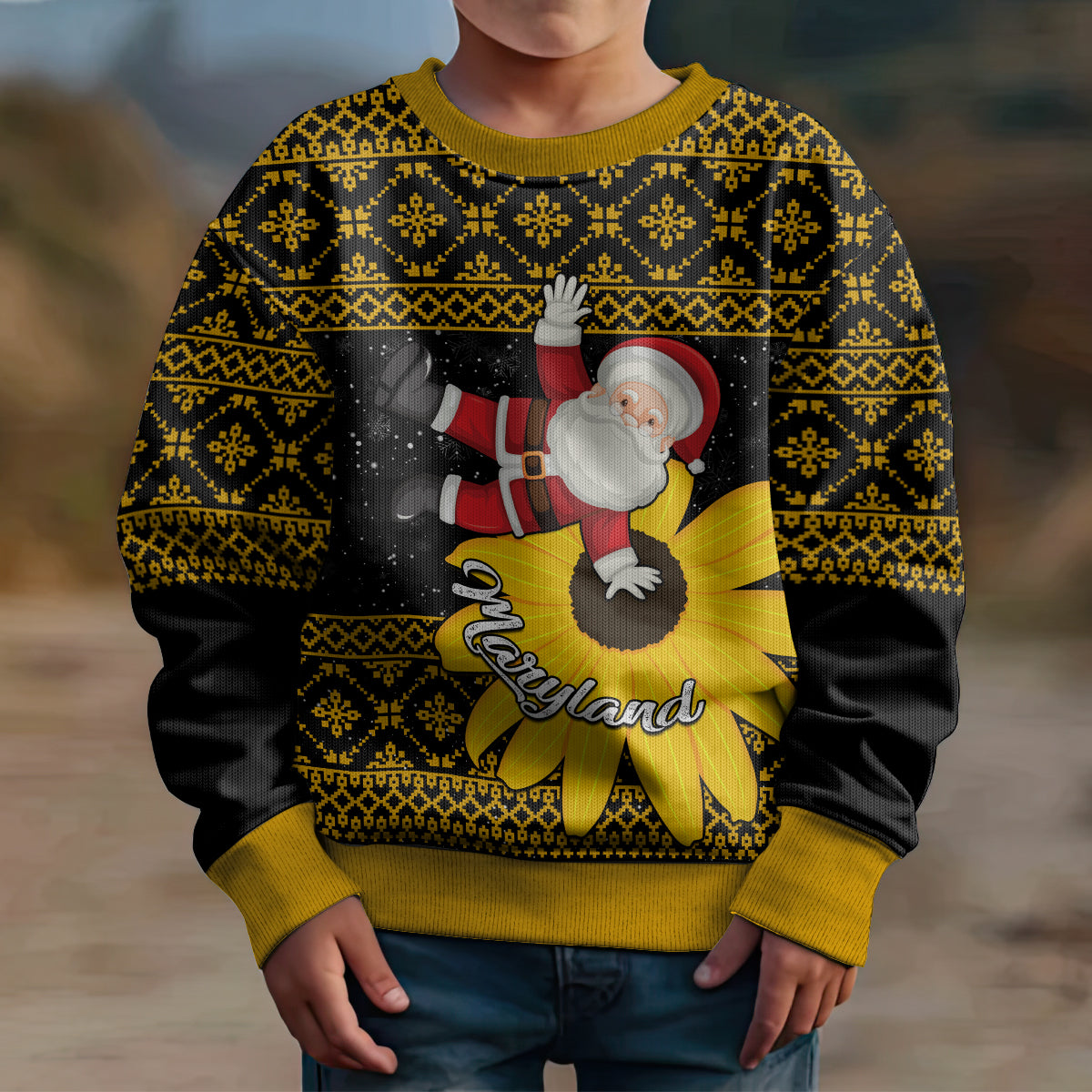 Maryland Christmas Kid Ugly Christmas Sweater Santa Claus With Black Eyed Susan Flower - Wonder Print Shop
