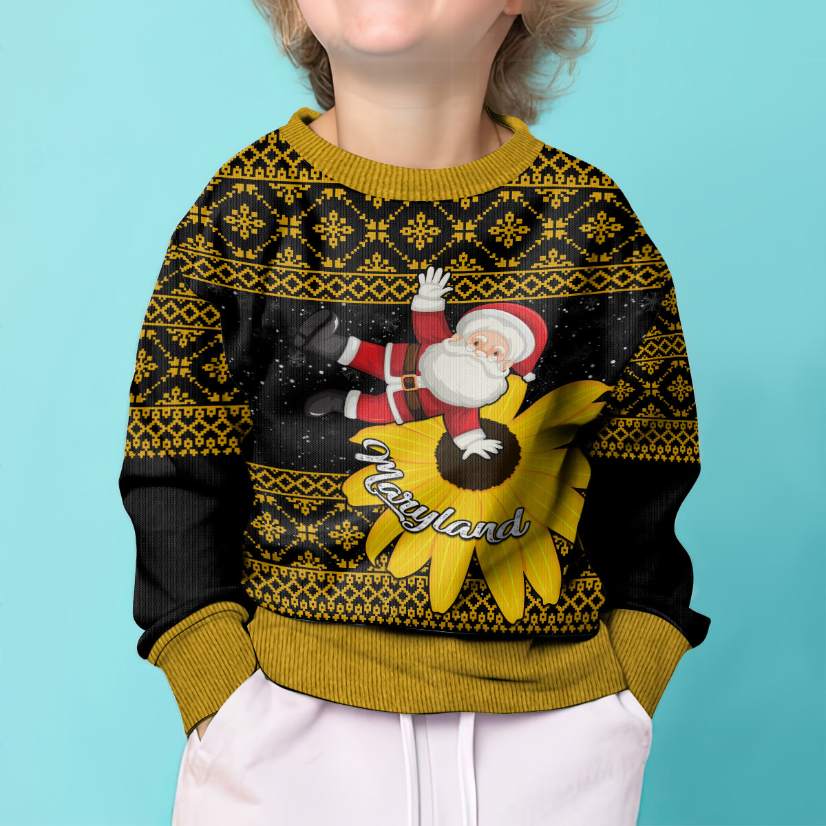 Maryland Christmas Kid Ugly Christmas Sweater Santa Claus With Black Eyed Susan Flower - Wonder Print Shop