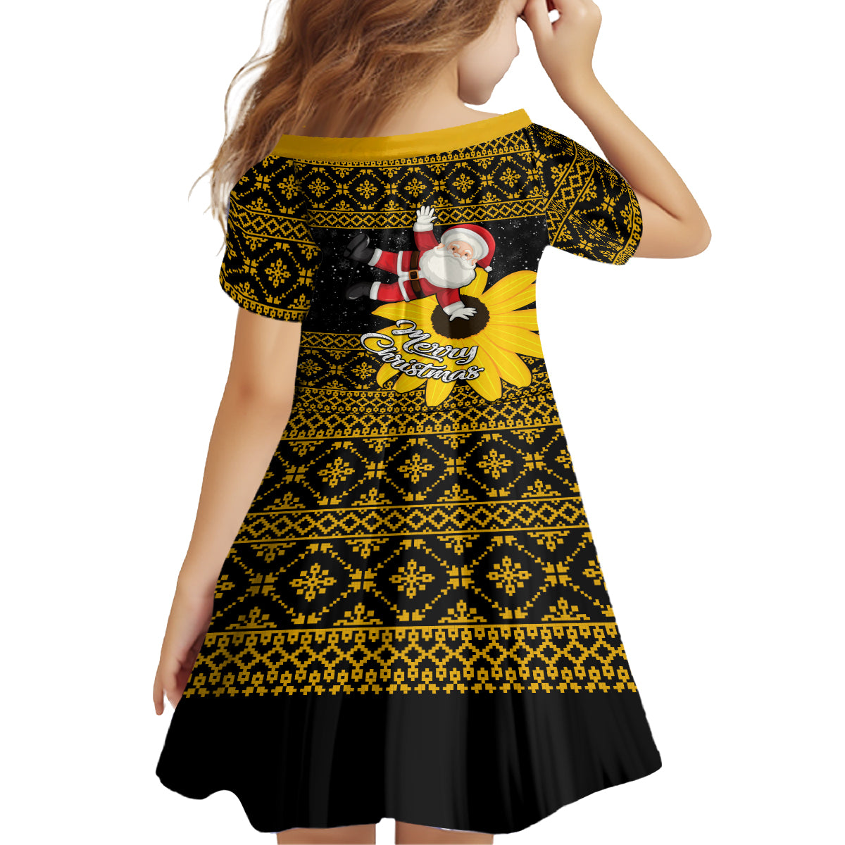 Maryland Christmas Kid Short Sleeve Dress Santa Claus With Black Eyed Susan Flower - Wonder Print Shop