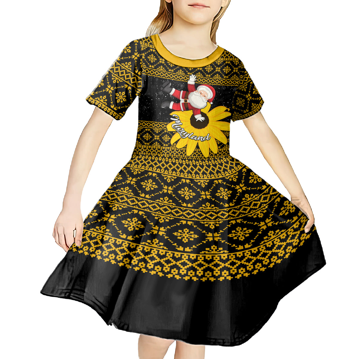 Maryland Christmas Kid Short Sleeve Dress Santa Claus With Black Eyed Susan Flower - Wonder Print Shop