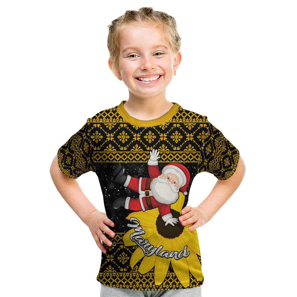 Maryland Christmas Kid T Shirt Santa Claus With Black Eyed Susan Flower - Wonder Print Shop
