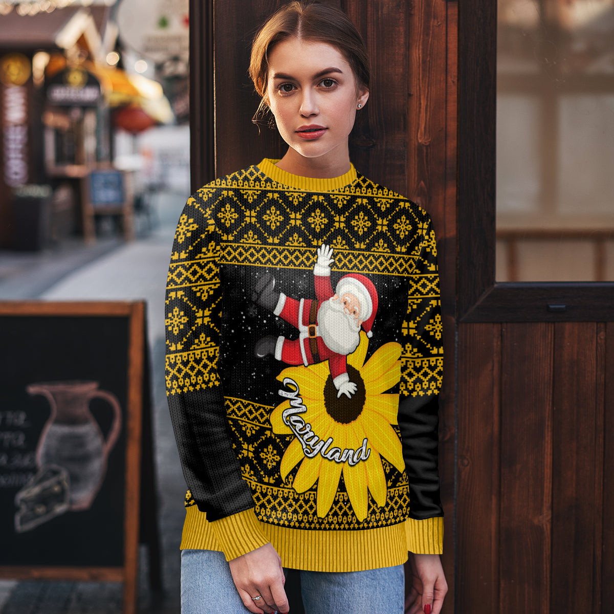 Maryland Christmas Ugly Christmas Sweater Santa Claus With Black Eyed Susan Flower - Wonder Print Shop