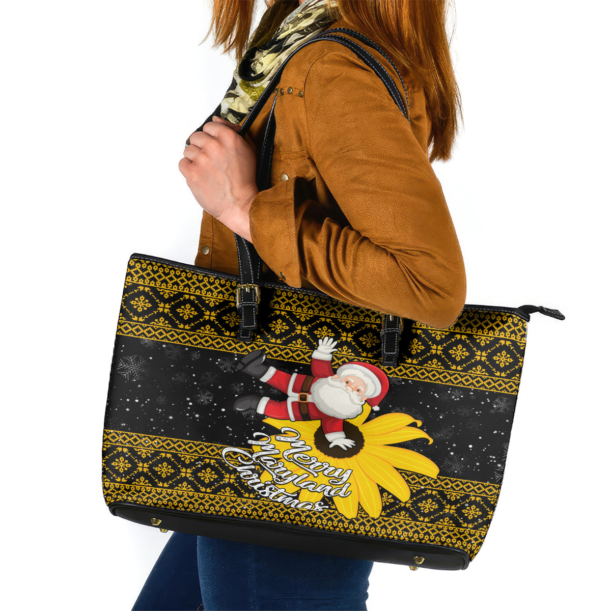 Maryland Christmas Leather Tote Bag Santa Claus With Black Eyed Susan Flower - Wonder Print Shop