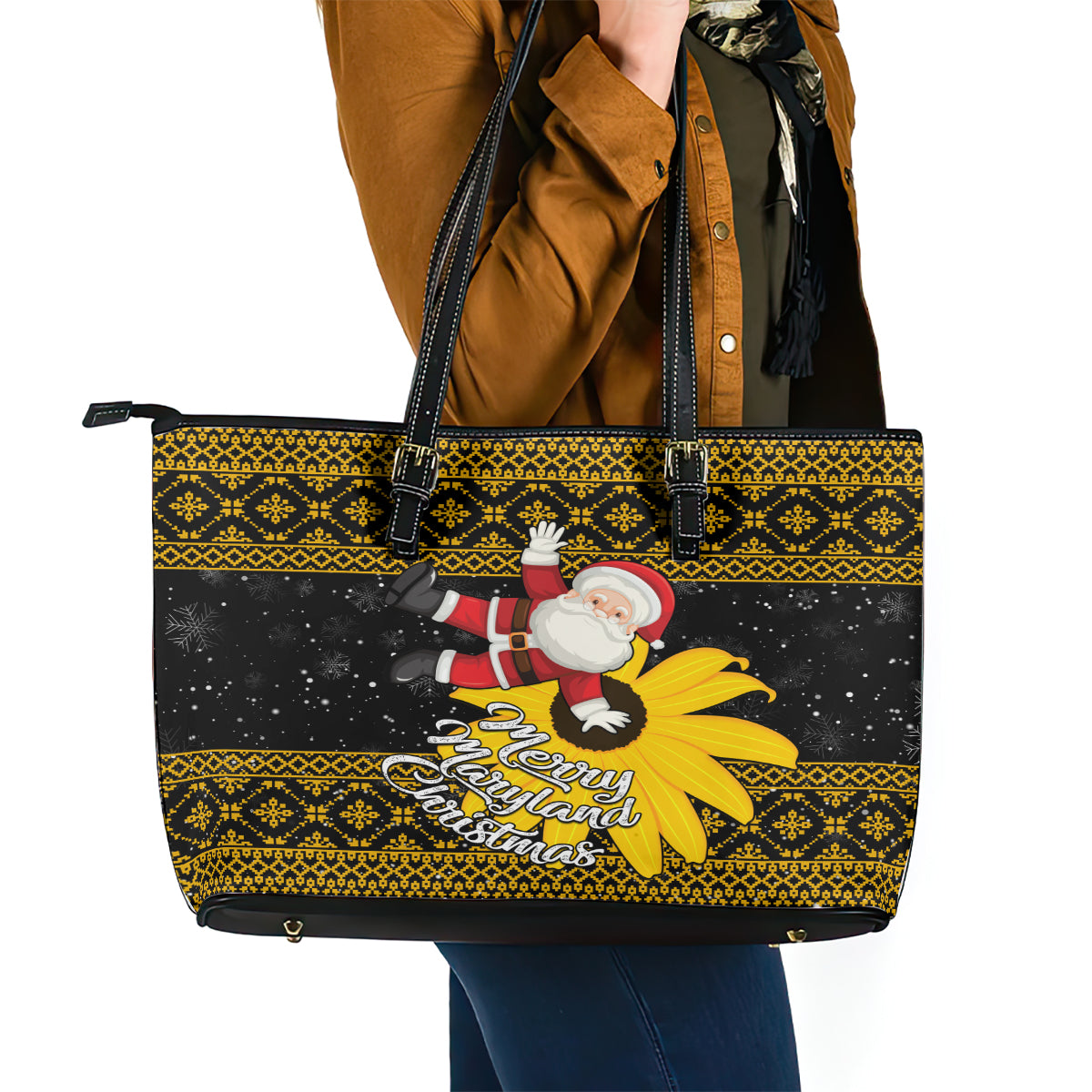 Maryland Christmas Leather Tote Bag Santa Claus With Black Eyed Susan Flower - Wonder Print Shop