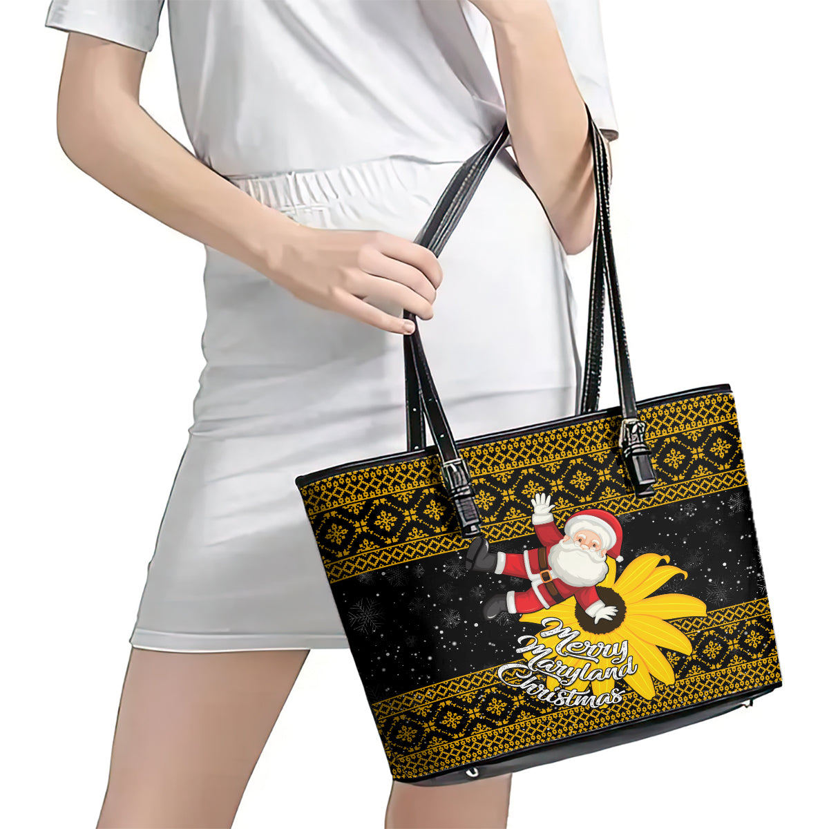 Maryland Christmas Leather Tote Bag Santa Claus With Black Eyed Susan Flower - Wonder Print Shop