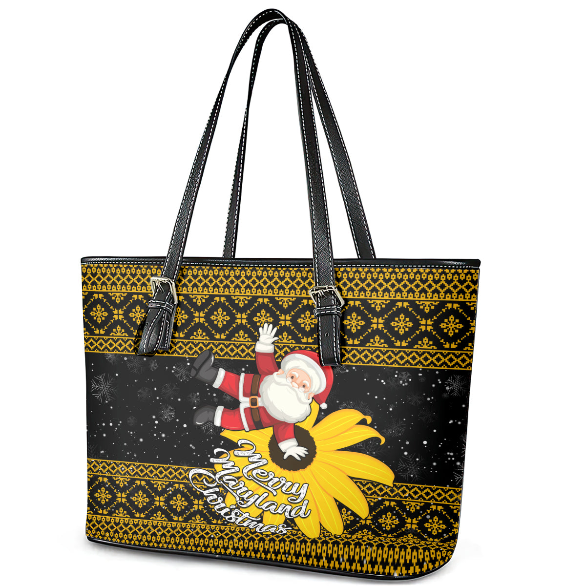 Maryland Christmas Leather Tote Bag Santa Claus With Black Eyed Susan Flower - Wonder Print Shop