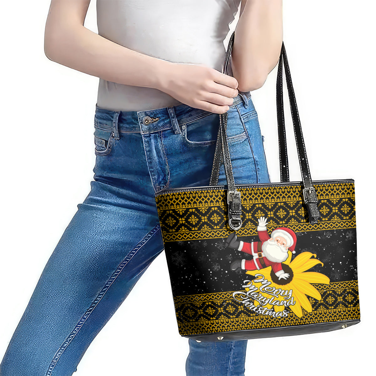 Maryland Christmas Leather Tote Bag Santa Claus With Black Eyed Susan Flower - Wonder Print Shop
