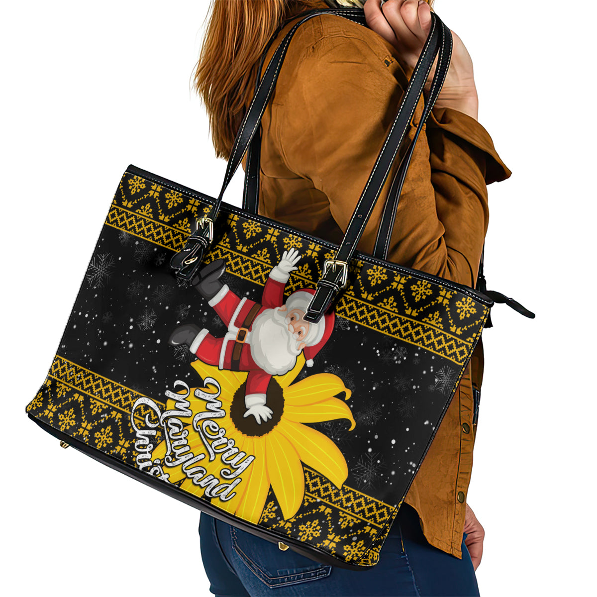 Maryland Christmas Leather Tote Bag Santa Claus With Black Eyed Susan Flower - Wonder Print Shop